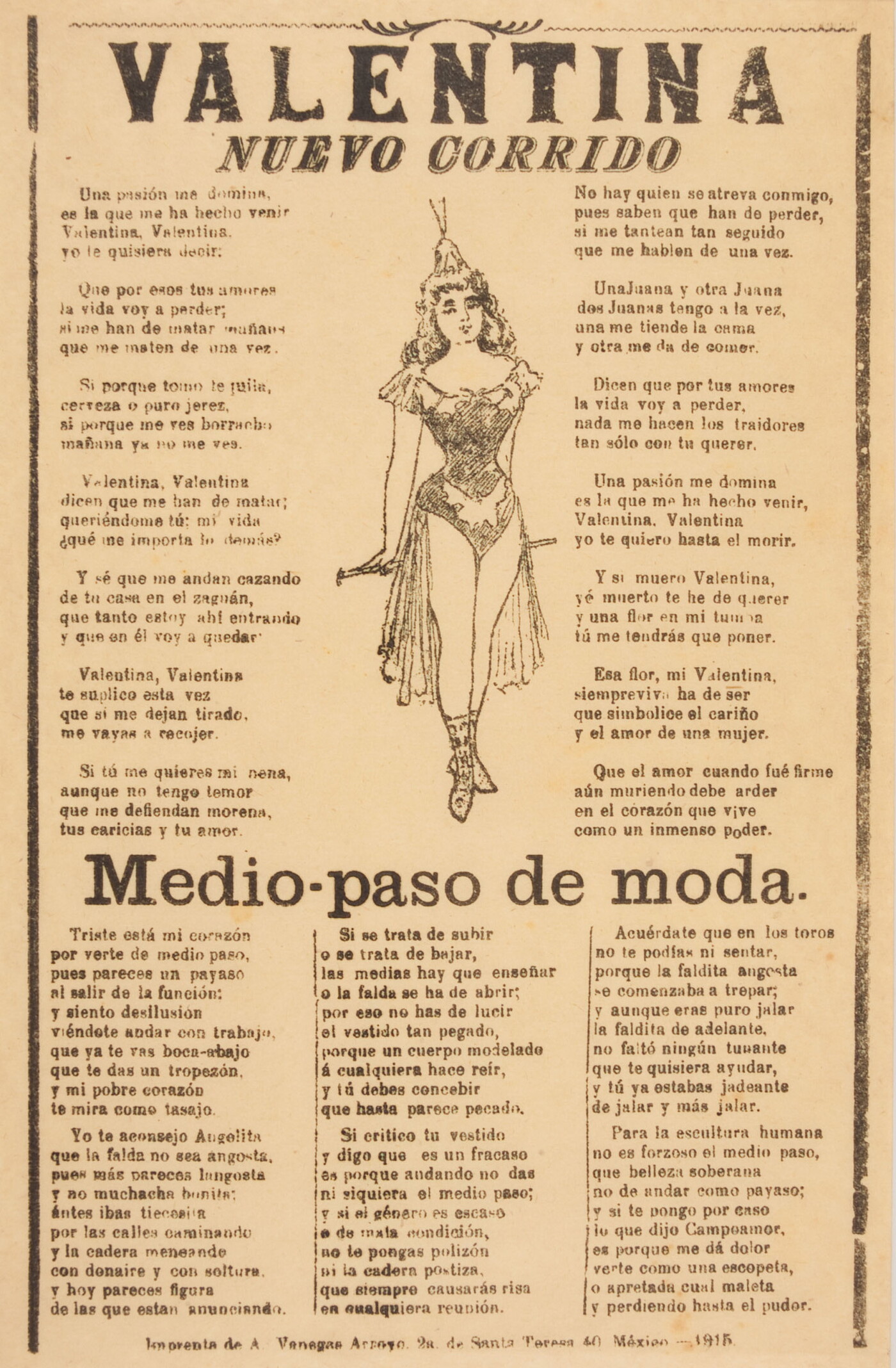 A black-and-white print of Spanish text around an image of a woman in a dance costume.