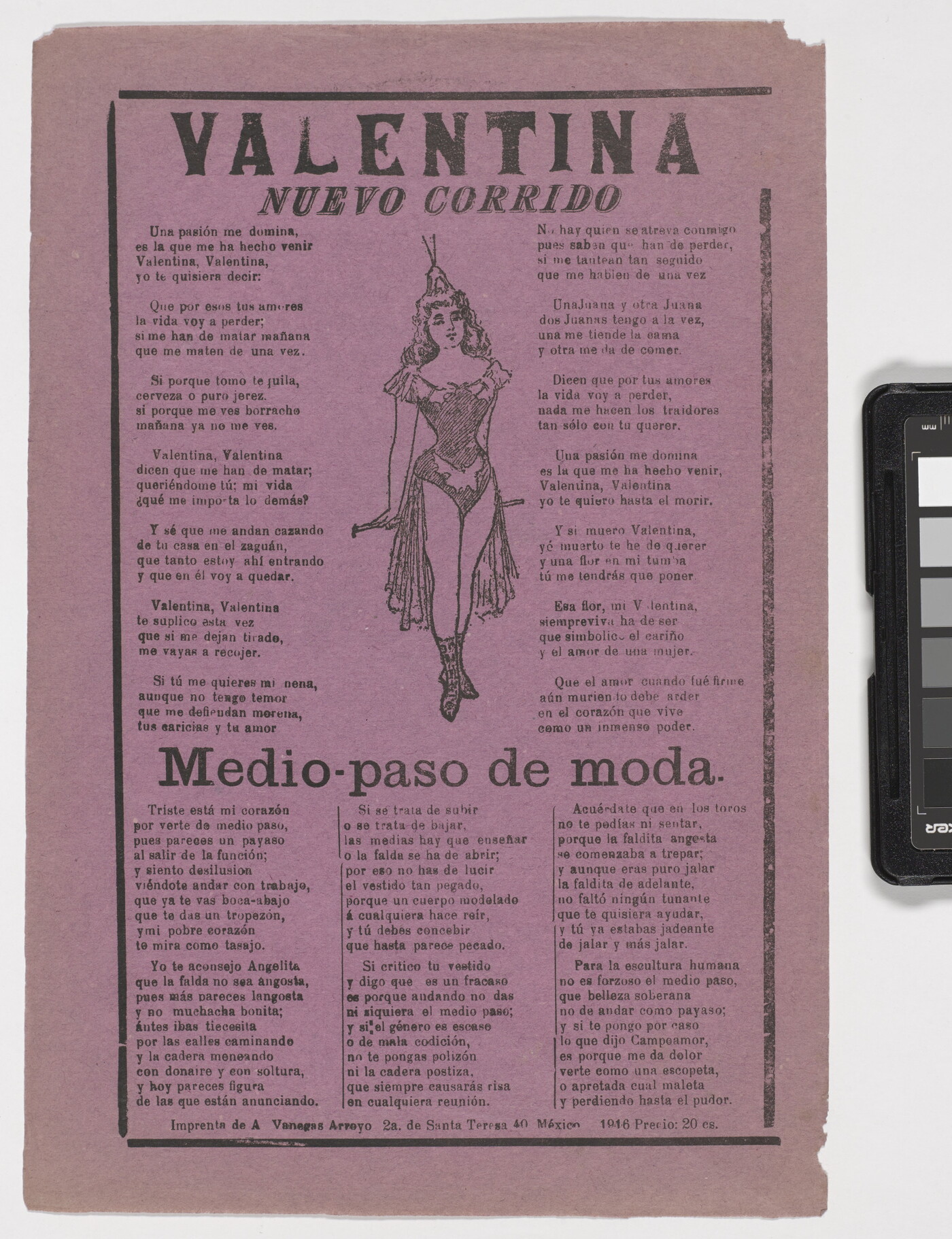 A black-and-white print on pink paper of Spanish text around an image of a woman in a dance costume.