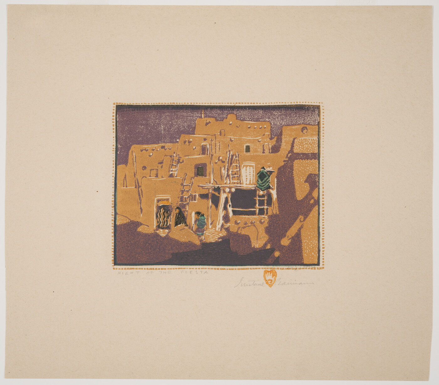 A color print of a multi-story yellow adobe pueblo with ladders leading from level to level all on a purple background.