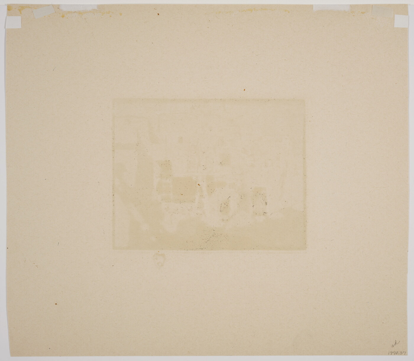 A color print of a multi-story yellow adobe pueblo with ladders leading from level to level all on a purple background.