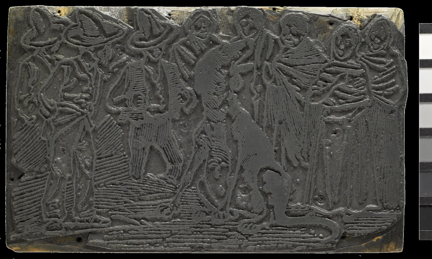 An engraved metal printing plate of an illustration of a group of people standing around a very large, sitting dog.