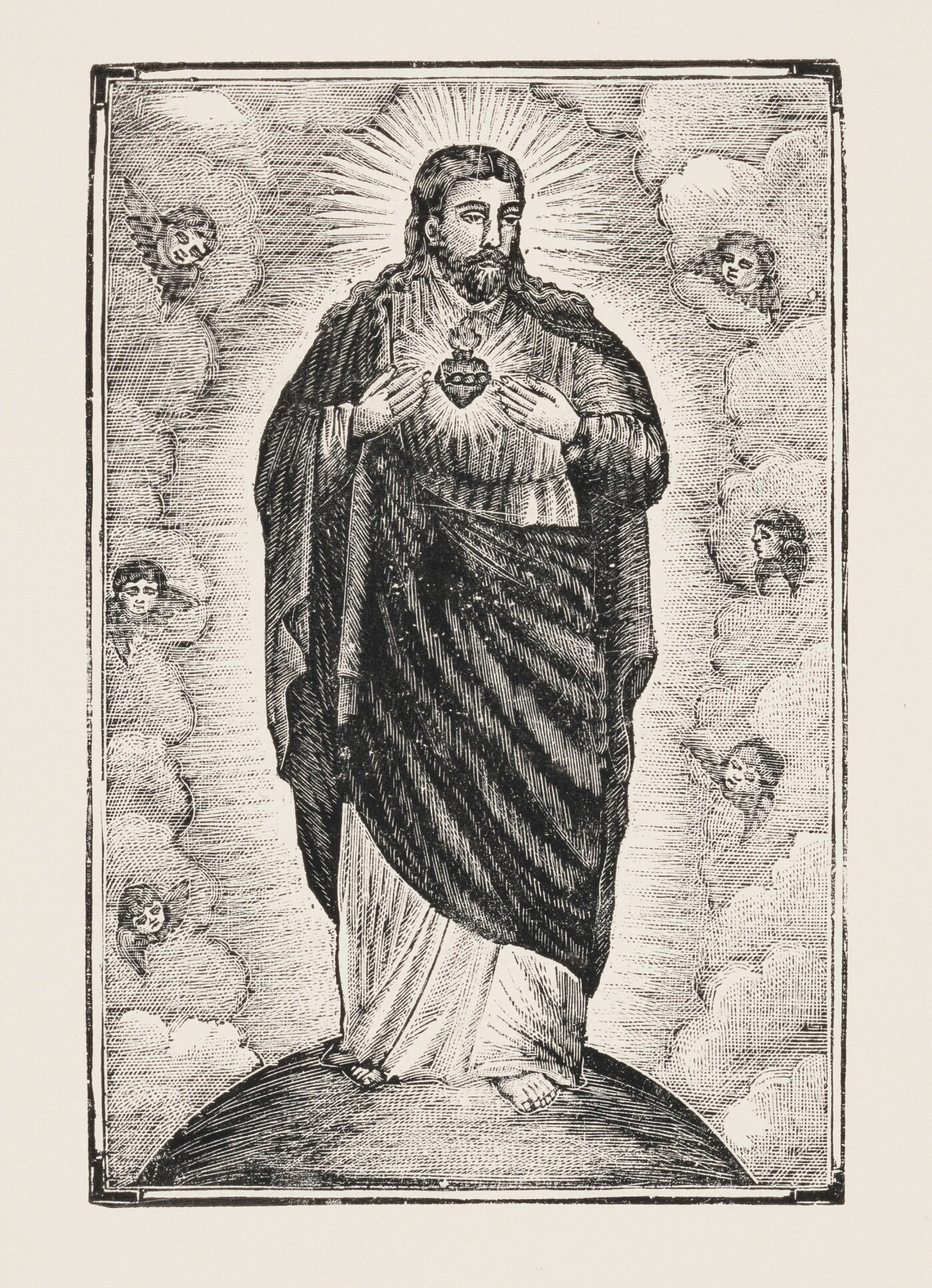 A black-and-white print of a Christ figure draped in robes that reveal the Sacred Heart and surrounded by cherubs.