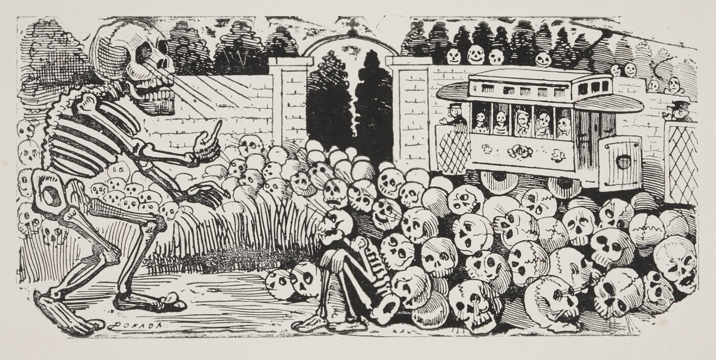 A black-and-white print of a large skeleton approaching a walled garden filled with skulls and one crouching skeleton; a streetcar in the background is filled with skeletons.