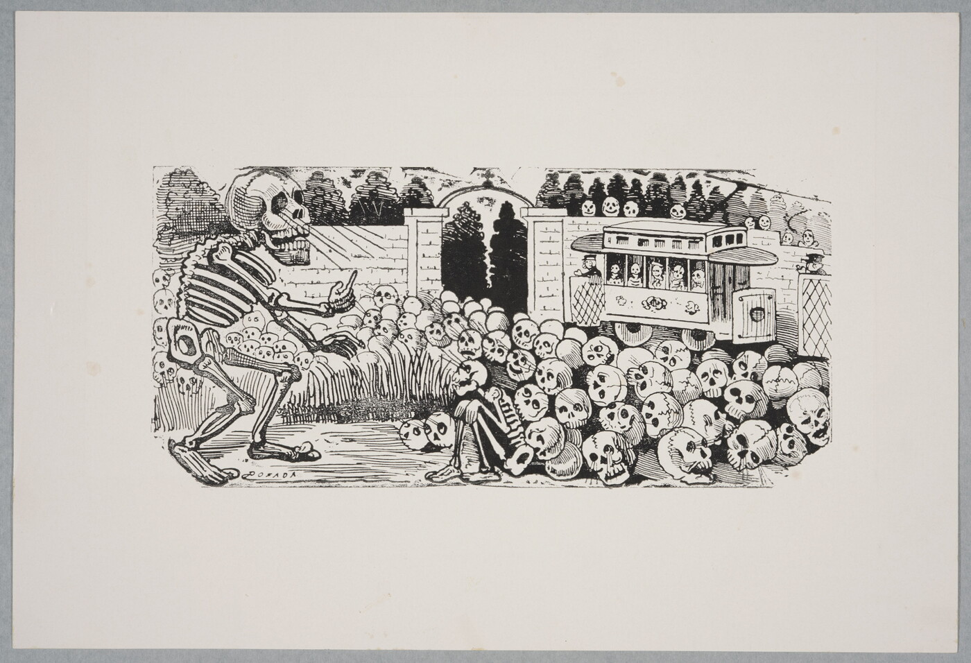 A black-and-white print of a large skeleton approaching a walled garden filled with skulls and one crouching skeleton; a streetcar in the background is filled with skeletons.