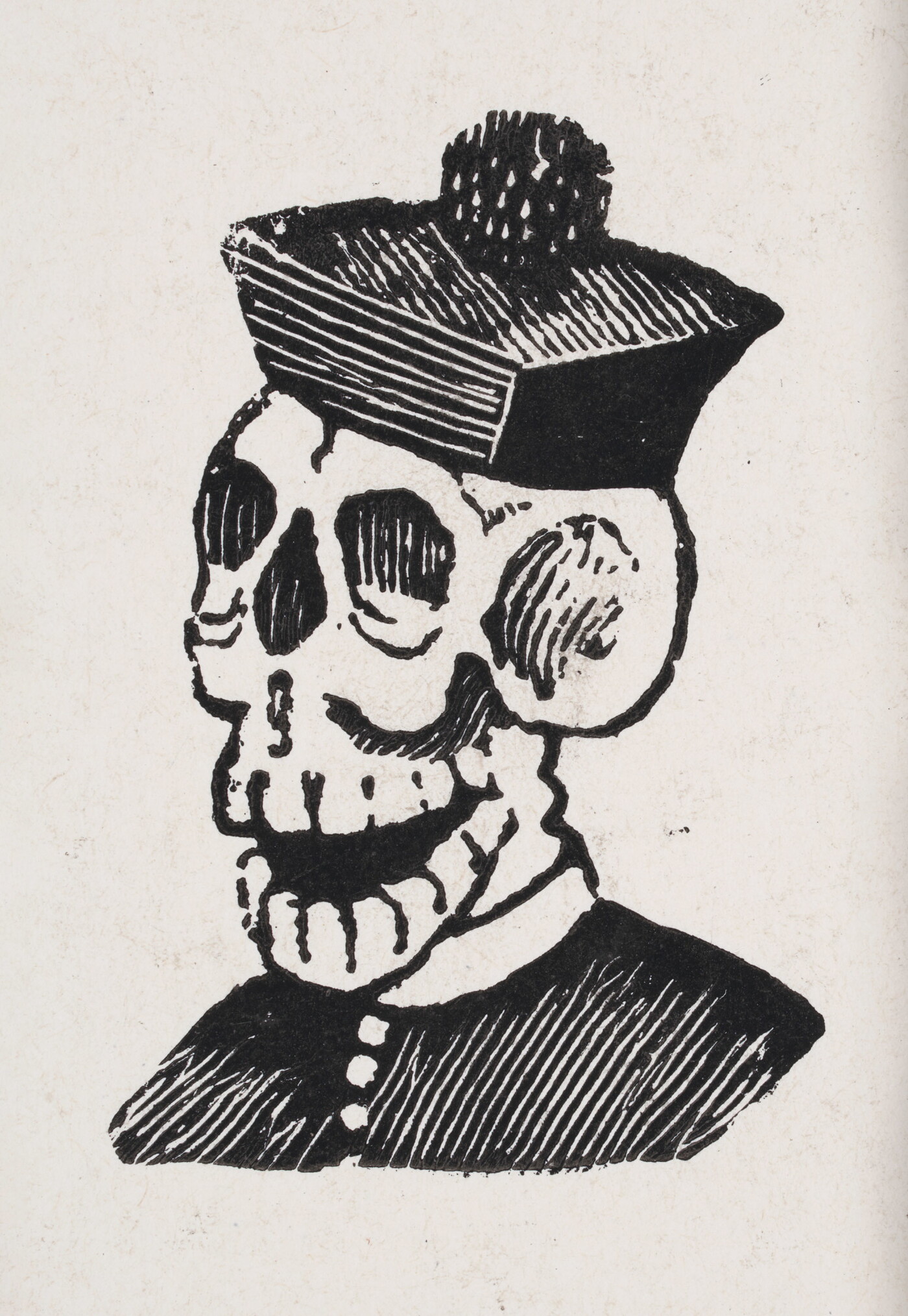 A black-and-white print of a skull wearing a biretta and a clerical shirt with a white collar.