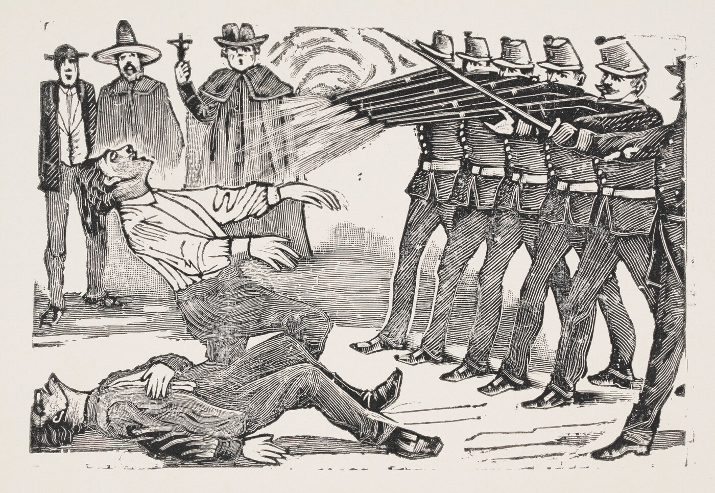 A black-and-white print illustration of a line of soldiers firing their rifles at two men as a priest and two others watch.