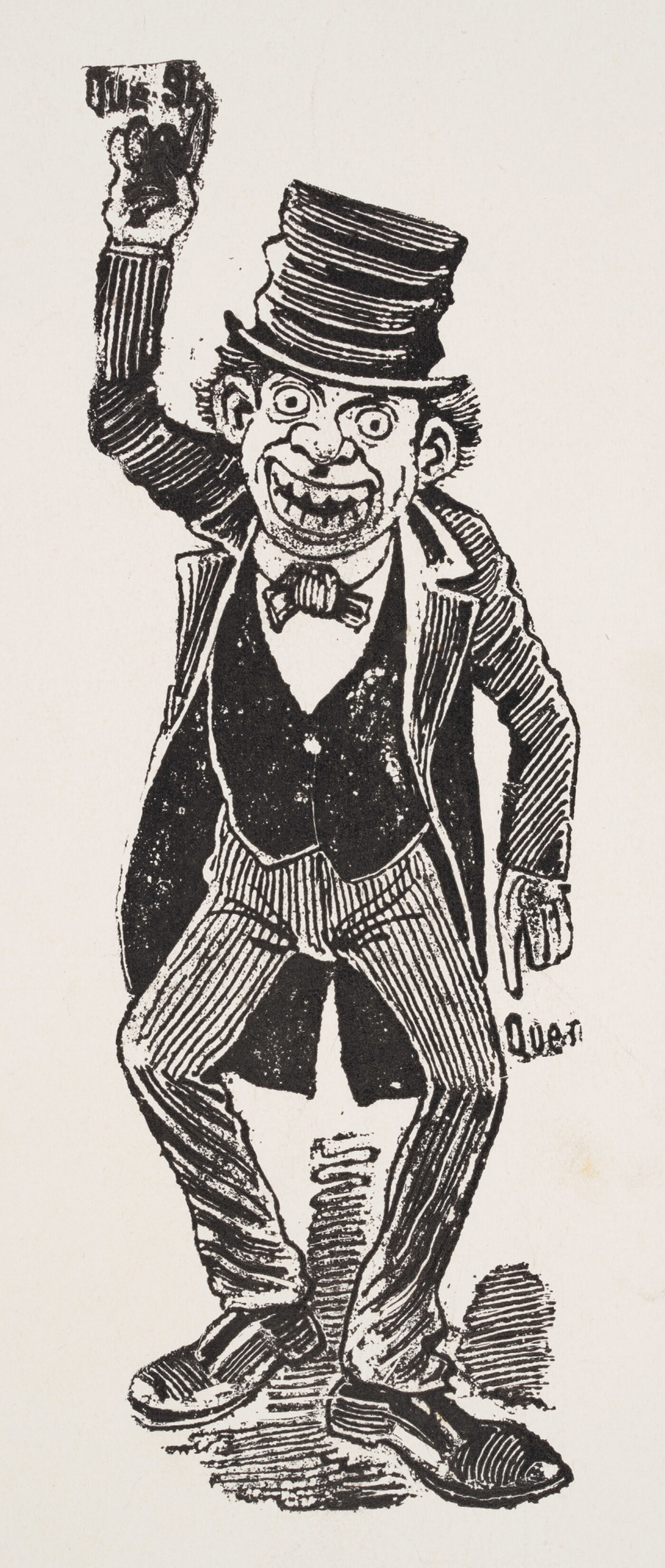 A black-and-white print illustration of a man wearing a rumpled top hat, three-piece suit with tails, one arm raised next to the words, &quot;Que si.&quot;