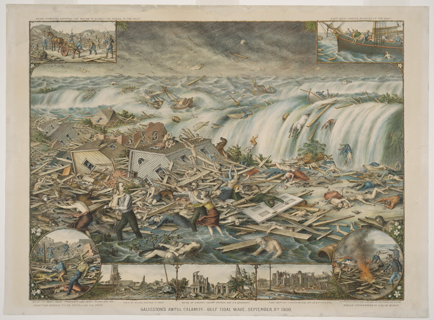 A color print of water rushing onto a shoreline full of crushed buildings and bodies as several figures try to flee.