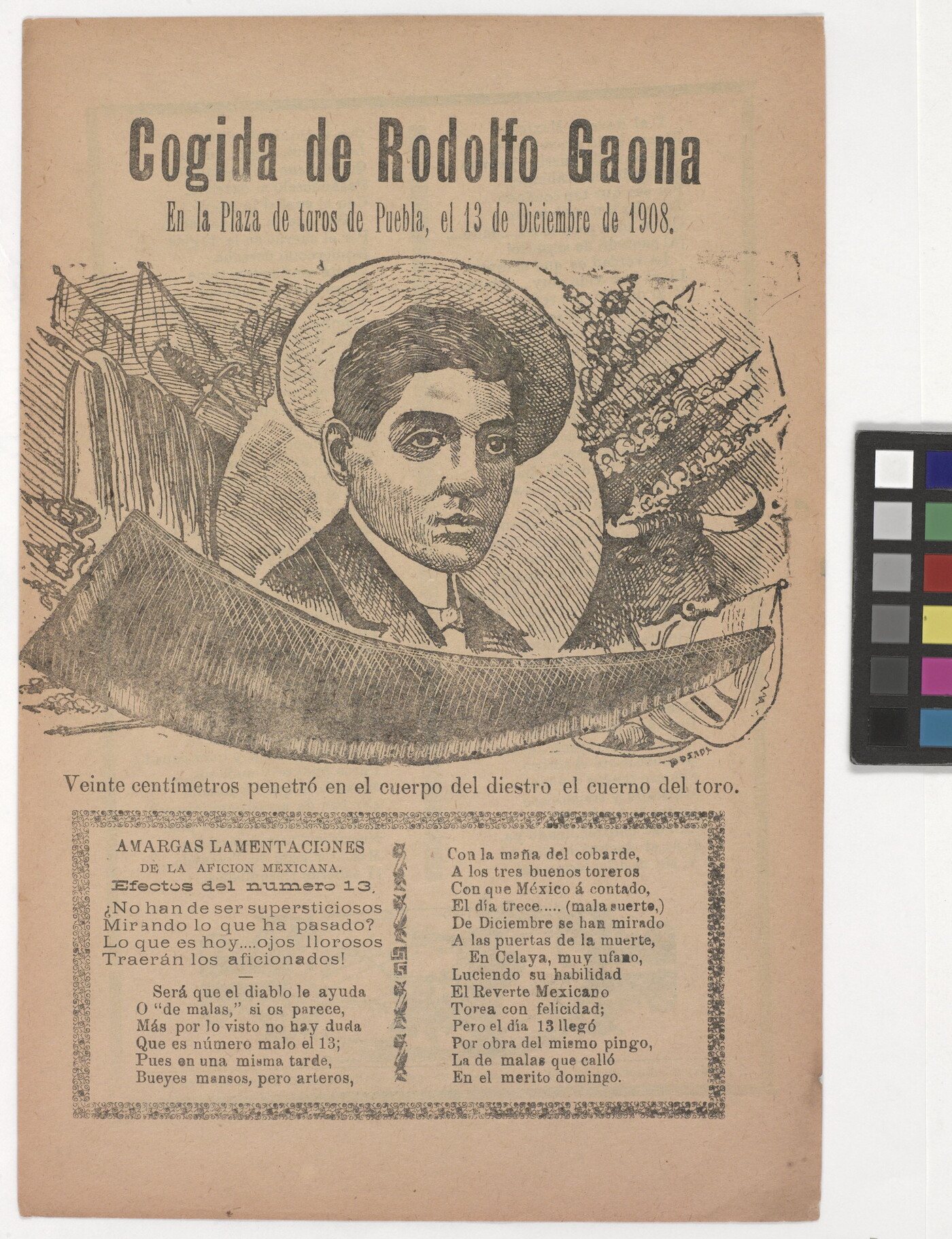 A yellowed black-and-white print of Spanish text beneath an image of a man surrounded by symbols of bullfighting.