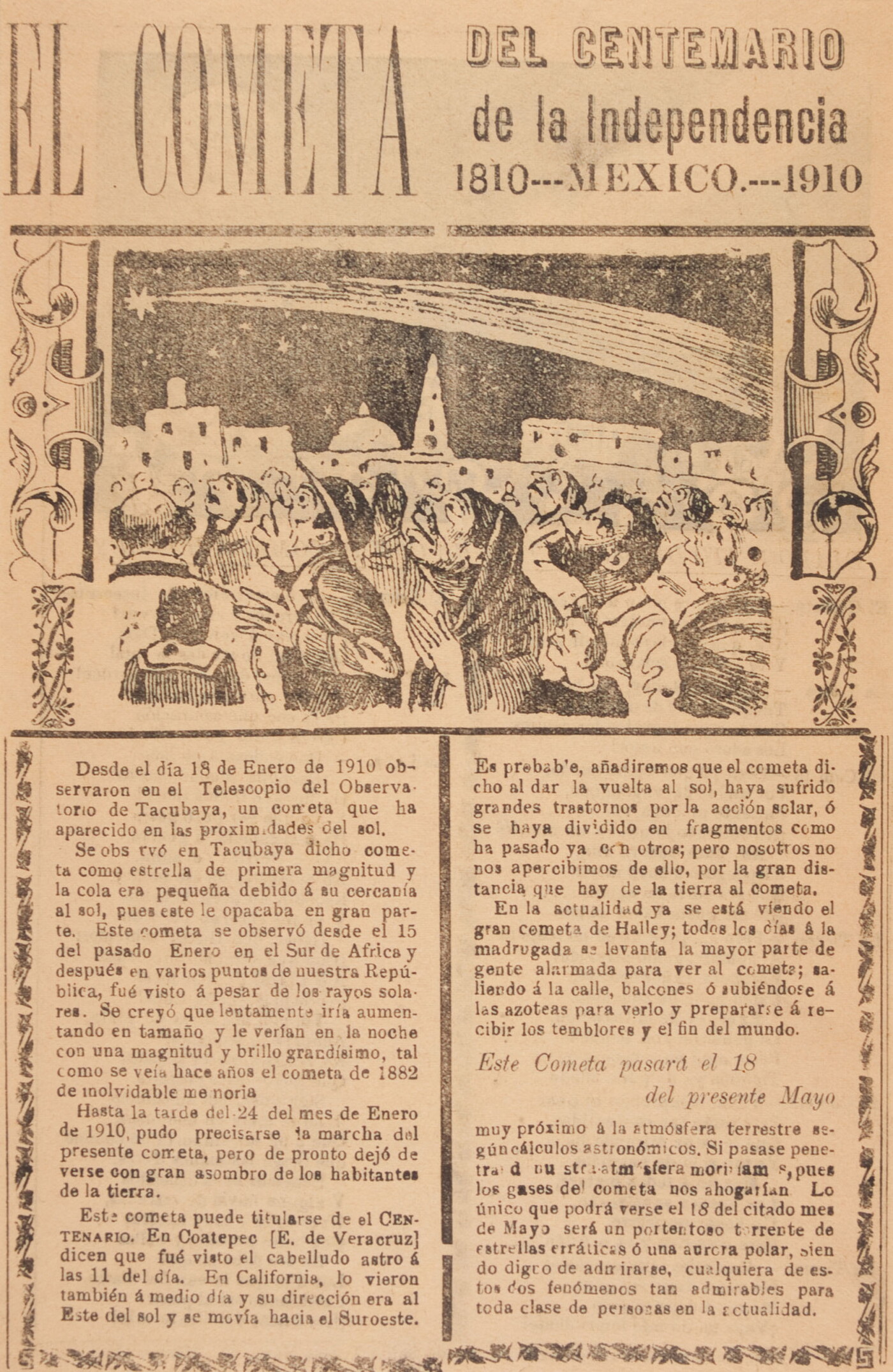 A yellowed black-and-white print of people watching a comet moving through the night sky above a block of Spanish text.