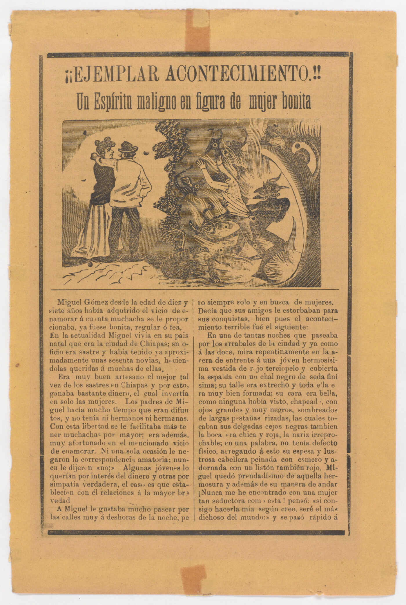 A black-and-white printed leaflet with Spanish text below a two-part illustration: on the left, a couple; on the right, a devil and other monsters pulling a man into a hole.