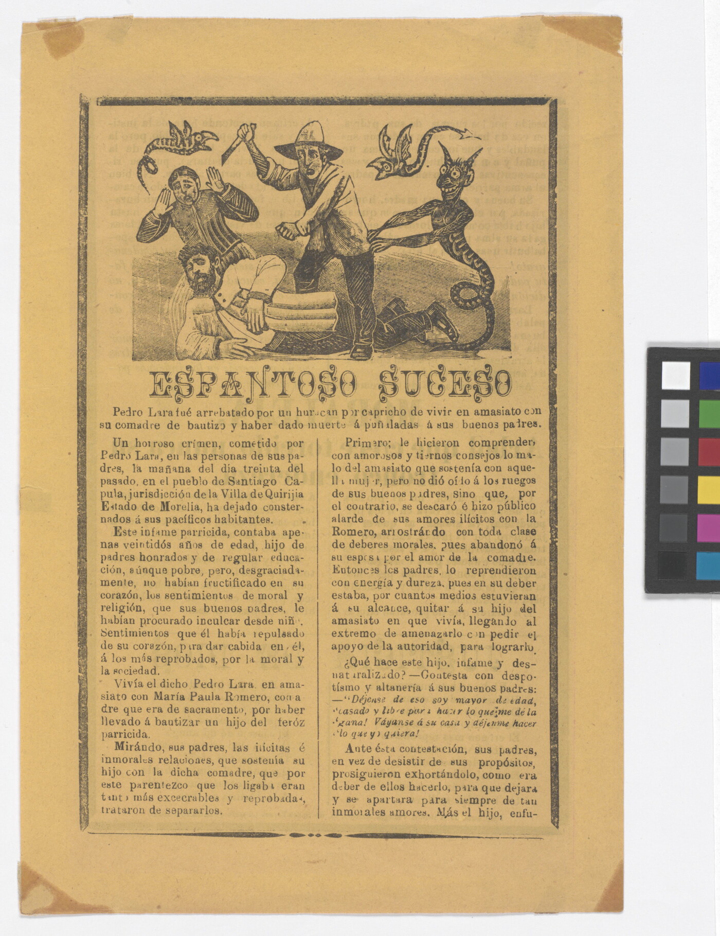 A black-and-white printed leaflet with Spanish text below an illustration of a man with a knife stabbing a man on the ground as a devil pushes him forward.