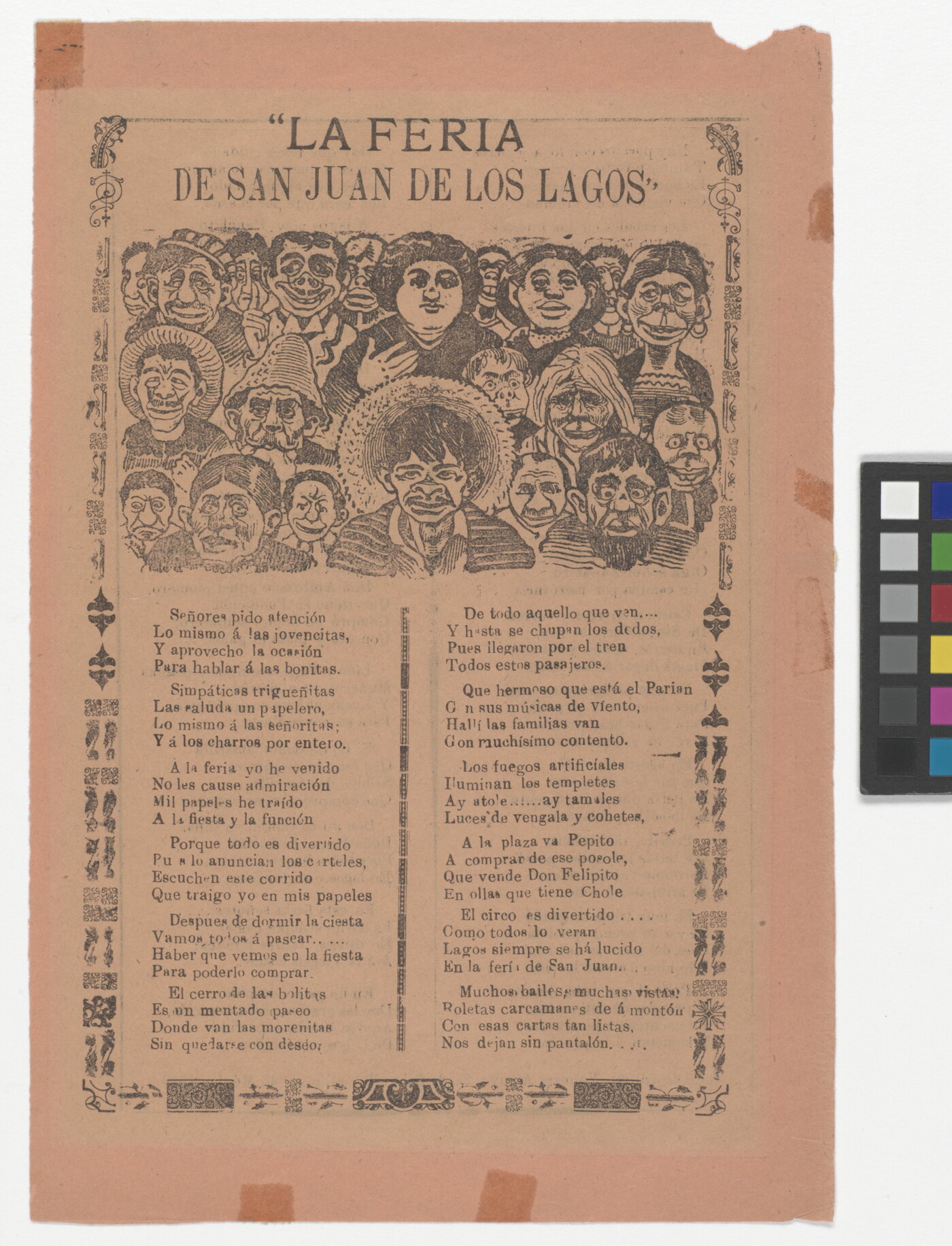 A yellowed black-and-white print of Spanish text beneath a group of cartoon-like people facing the viewer.