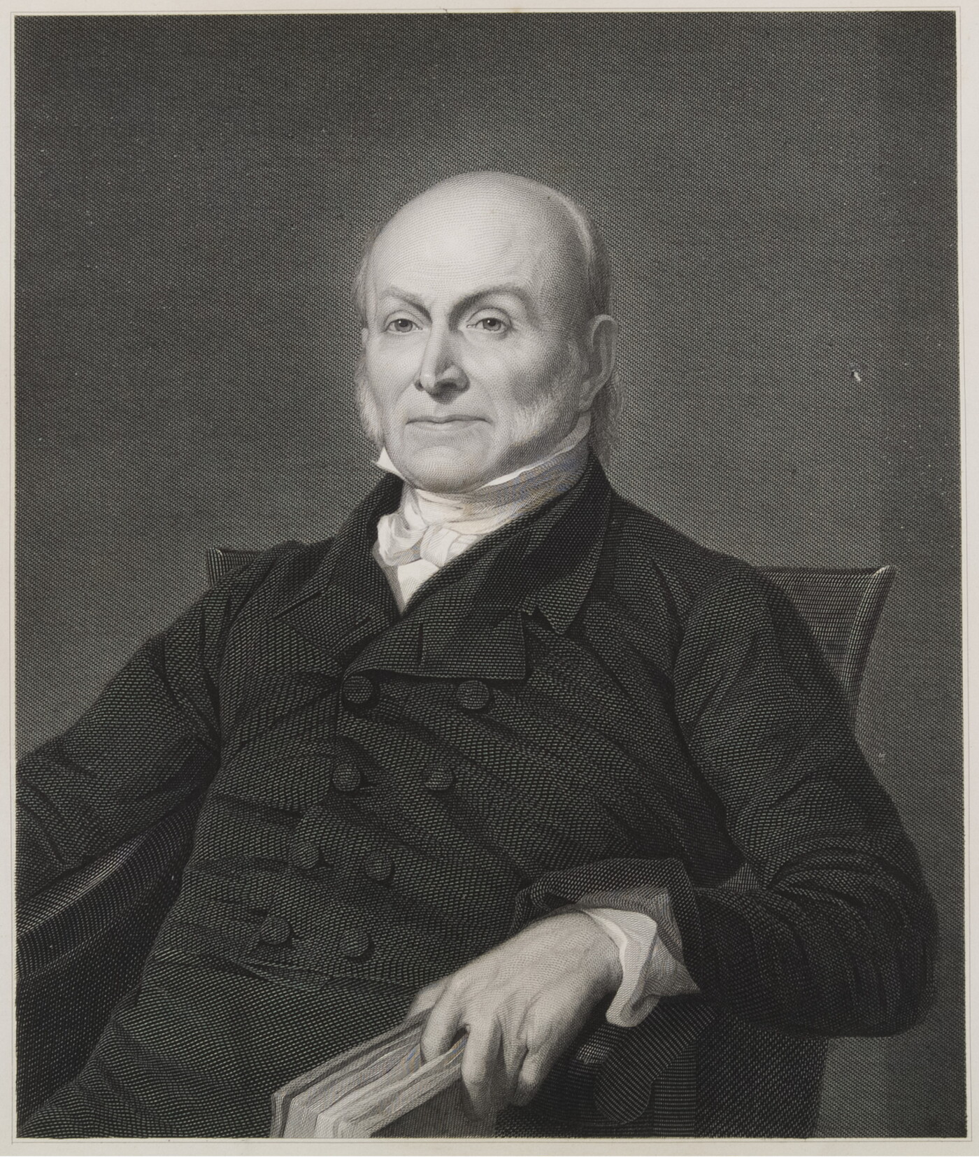 A black-and-white portrait print of an older, balding White man in formal dress sitting in a chair with a book in one hand. 