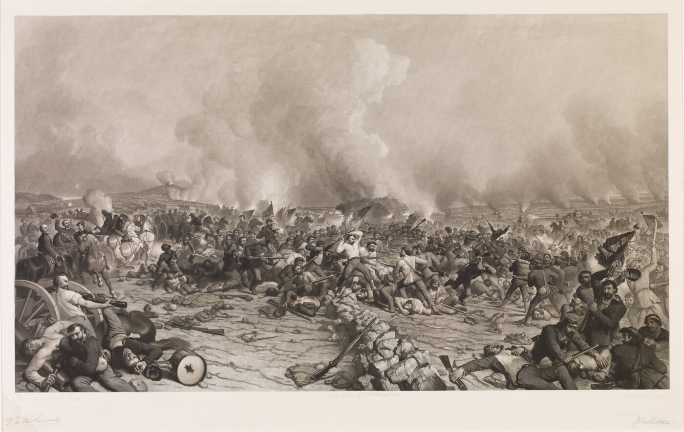A black-and-white print of a Civil War battle with cannon fire, smoke, and male figures fighting with guns.