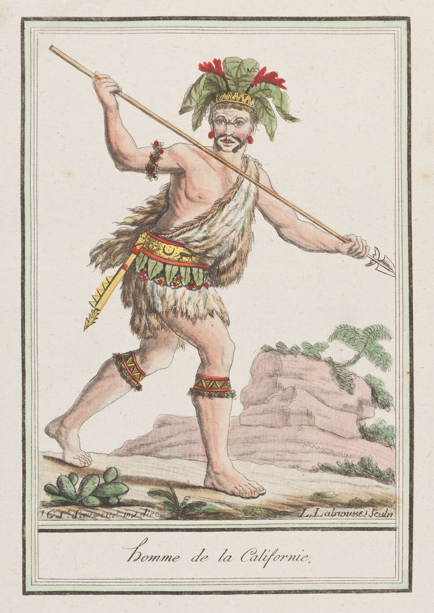 A color print of an Indigenous man wearing a headdress, face paint, belted tunic, garters and holding a spear in his hands.