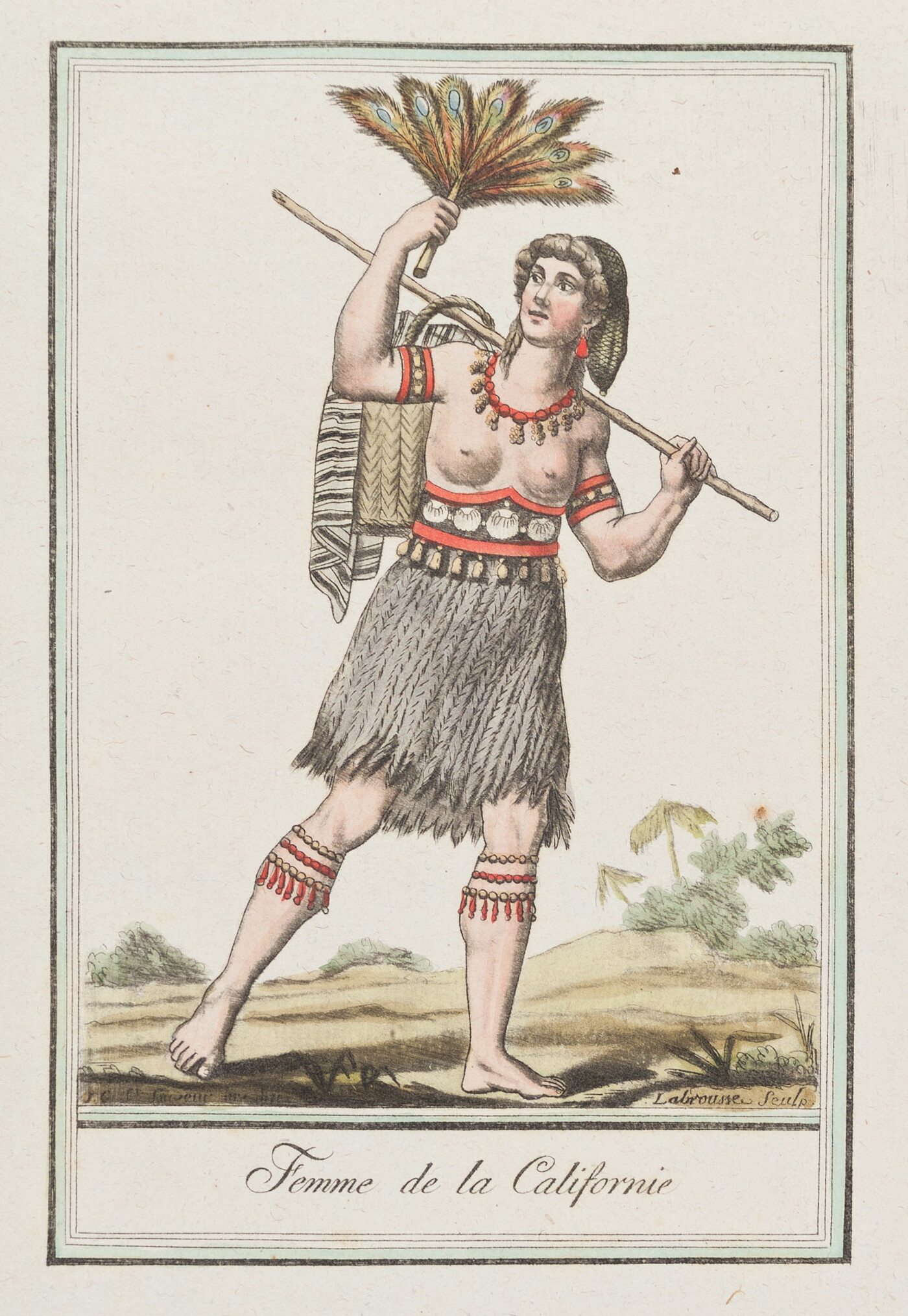 A color print of an Indigenous woman wearing a necklace, arm bands, belted skirt, garters and holding a feathered fan in her hand and a bag on her back.