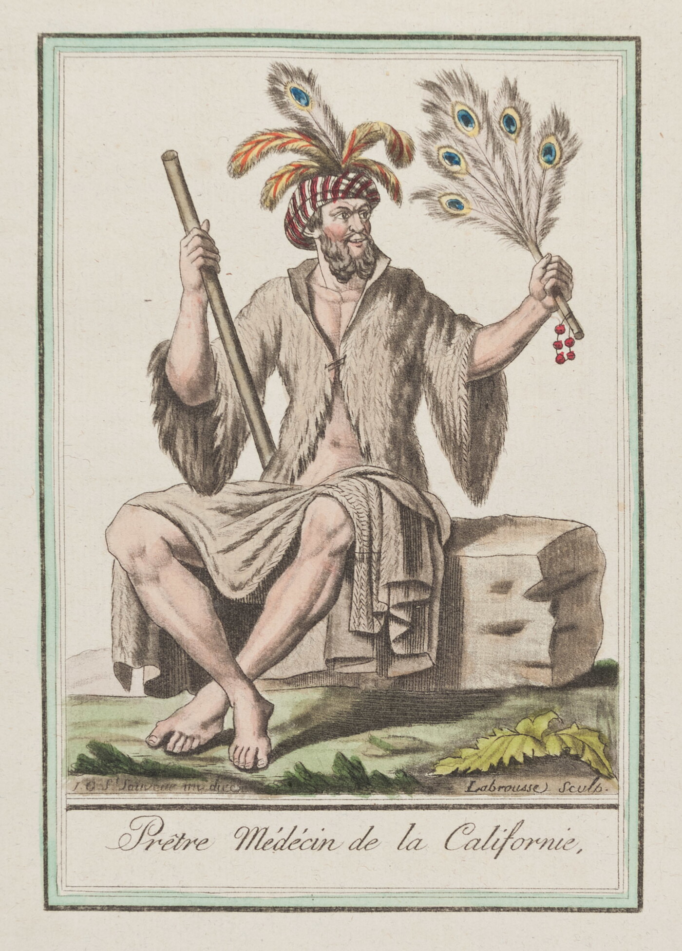 A color print of a seated Indigenous man wearing a feathered turban and animal skin coat, holding a feathered fan in one hand and  a staff in the other.
