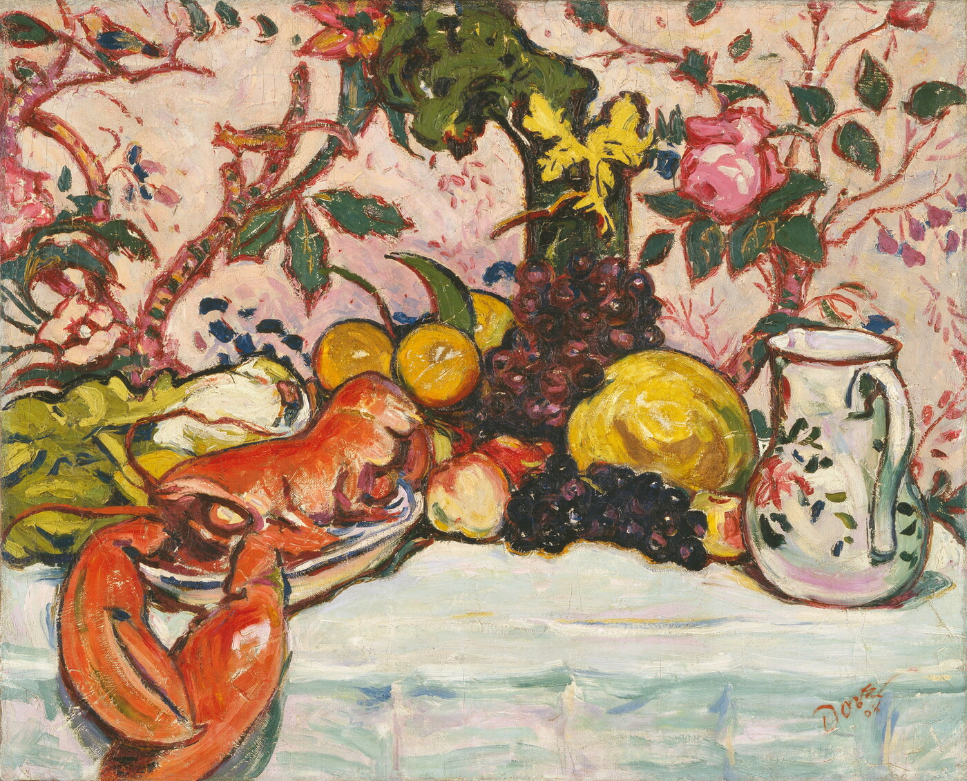 An oil painting of a lobster, fruit, and a pitcher on a white-clothed table against a wall with a busy floral pattern.