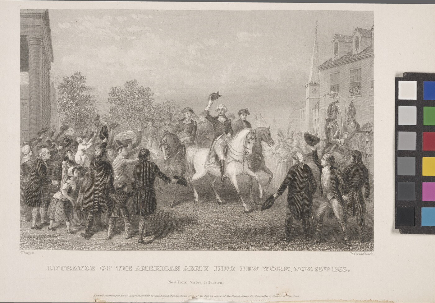 A black-and-white print of George Washington on horseback being cheered on by a crowd.