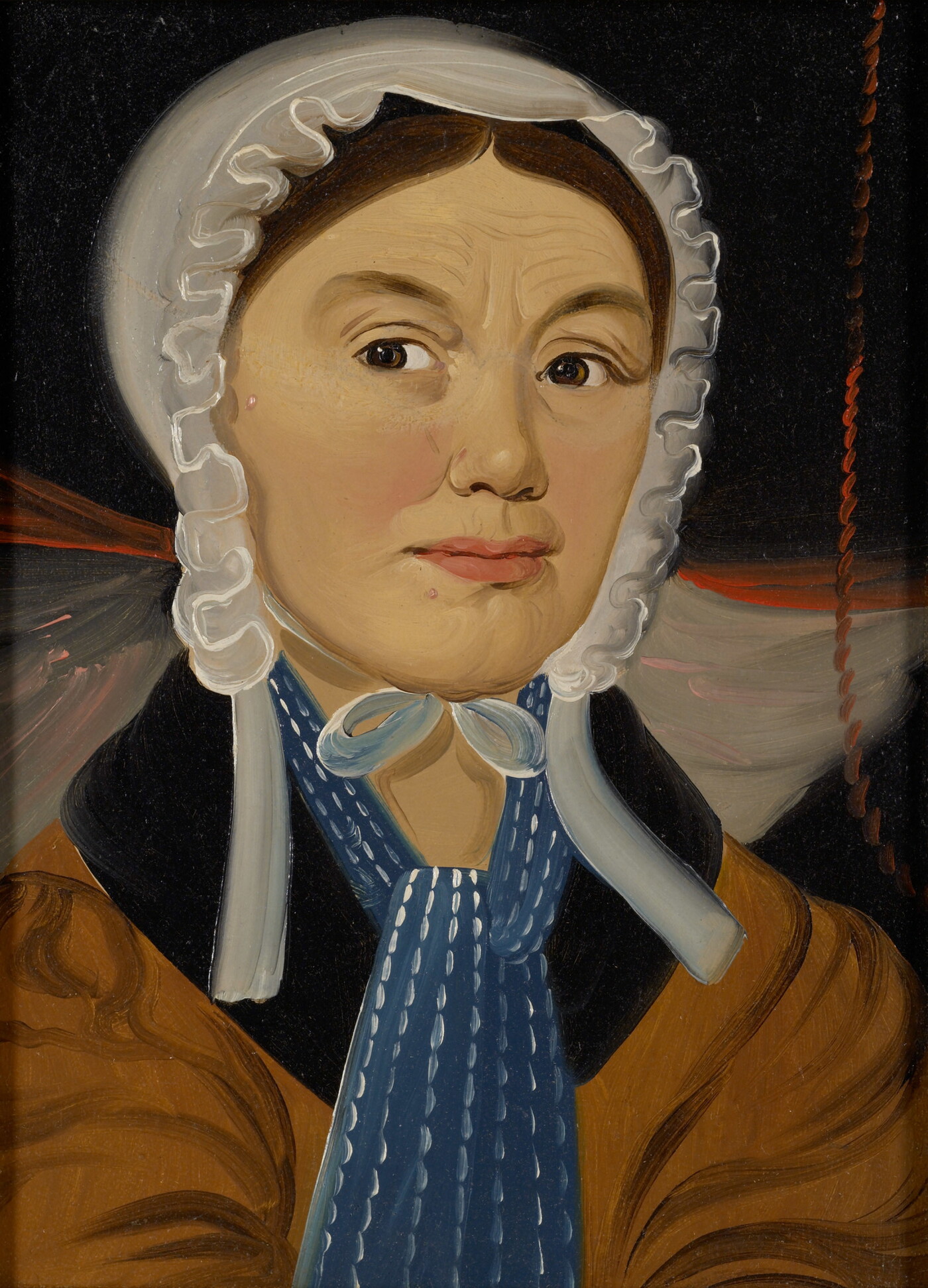 A portrait oil painting of a White woman from the chest up wearing a ruffled white bonnet and blue scarf.