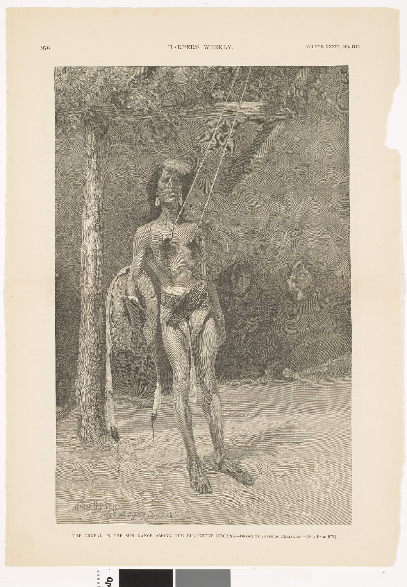 A page from a magazine with a black-and-white illustration of an Indigenous man, wearing a loincloth, attached ropes from piercings through his nipples.