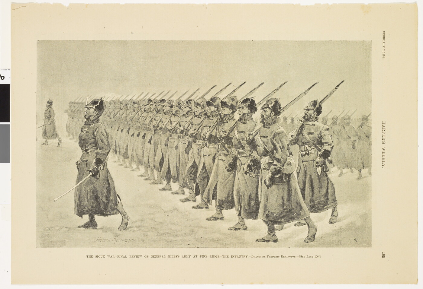 A page from a magazine with a black-and-white illustration of soldiers in long coats and helmets marching in formation with bayonets over their shoulders.