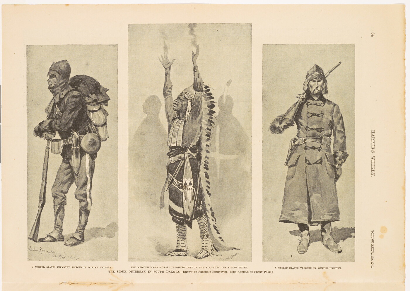 A page from a magazine with three black-and-white illustrations of (L-R) a soldier dressed in winter clothing, an Indigenous man in a headdress with arms raised, and a soldier in a long coat with a rifle over his shoulder.