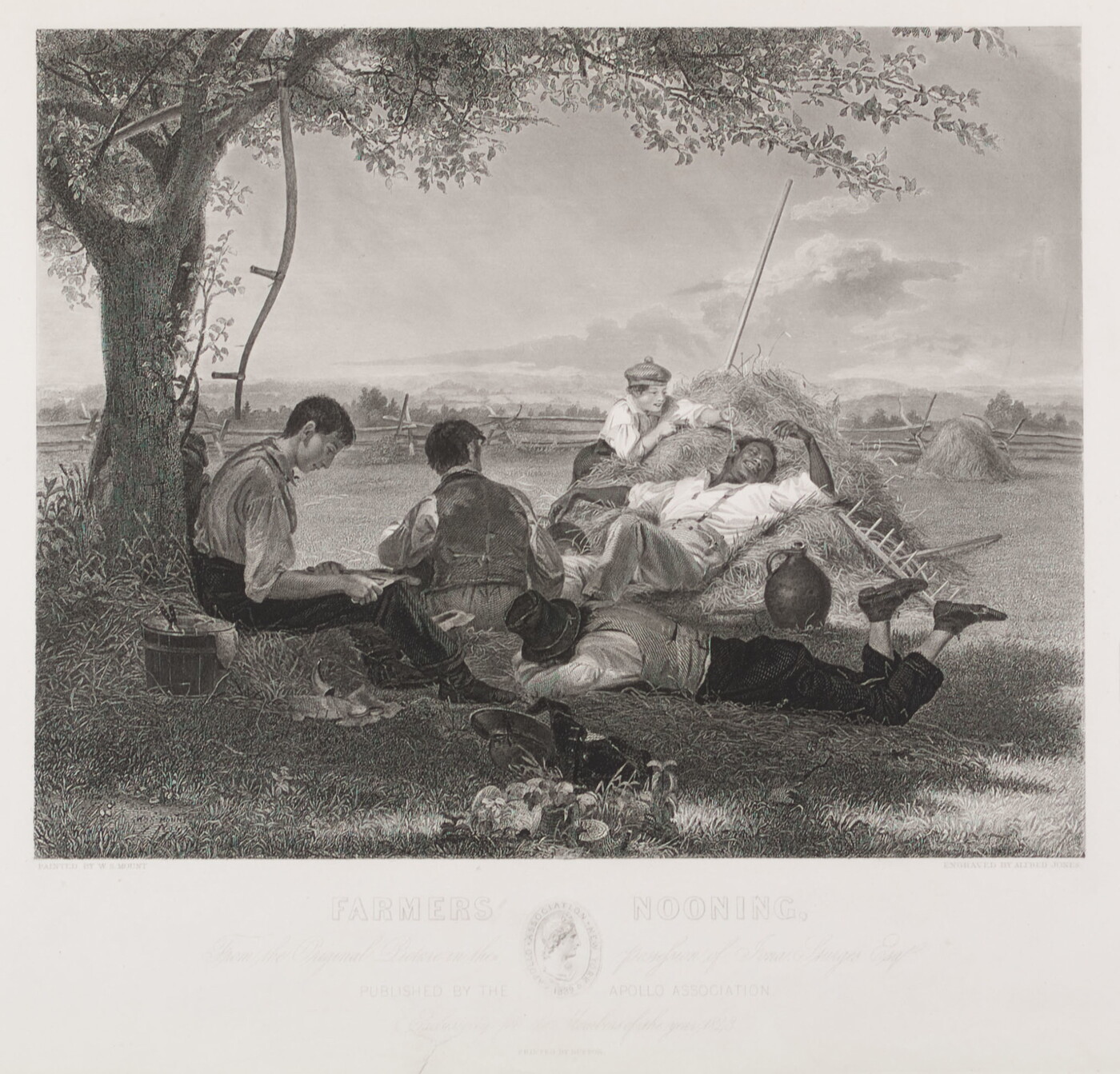 A black-and-white print of farm workers taking a rest under a shady tree and in a nearby haystack.