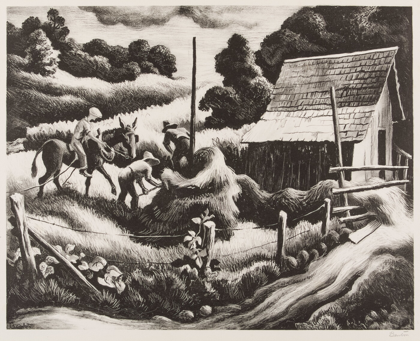 A black-and-white print of three men, one on horseback and two with pitchforks, next to a haystack and an old barn.