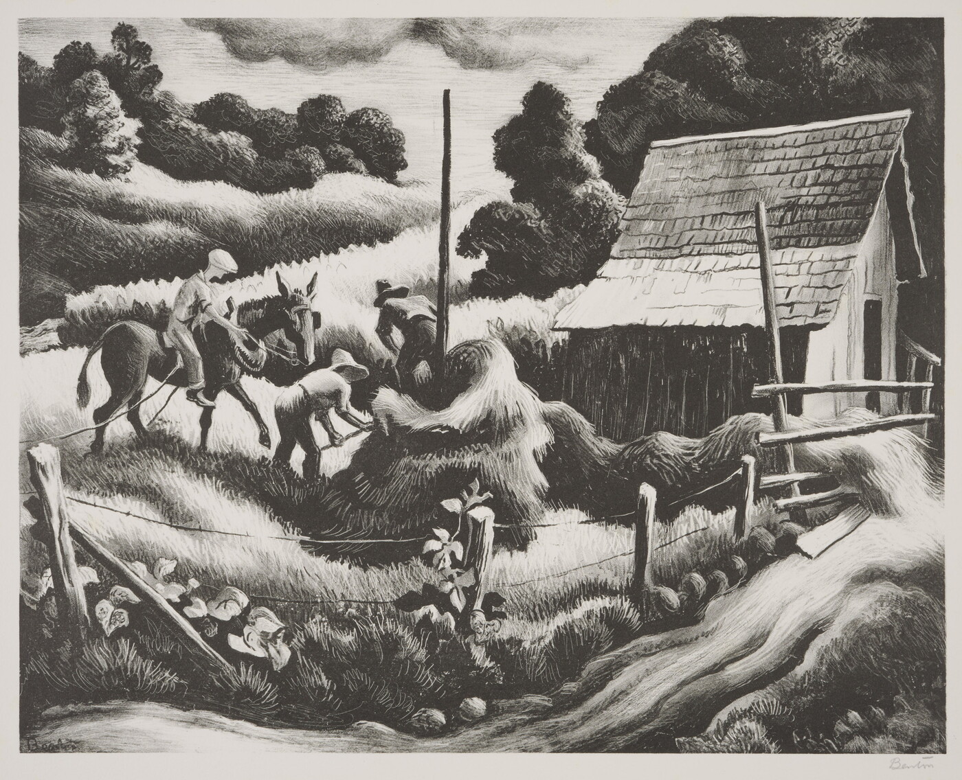 A black-and-white print of three men, one on horseback and two with pitchforks, next to a haystack and an old barn.