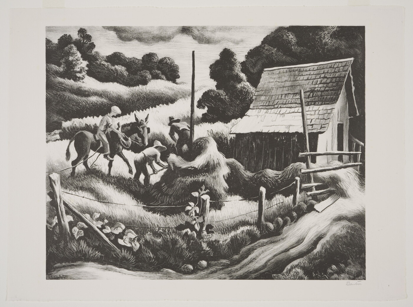 A black-and-white print of three men, one on horseback and two with pitchforks, next to a haystack and an old barn.