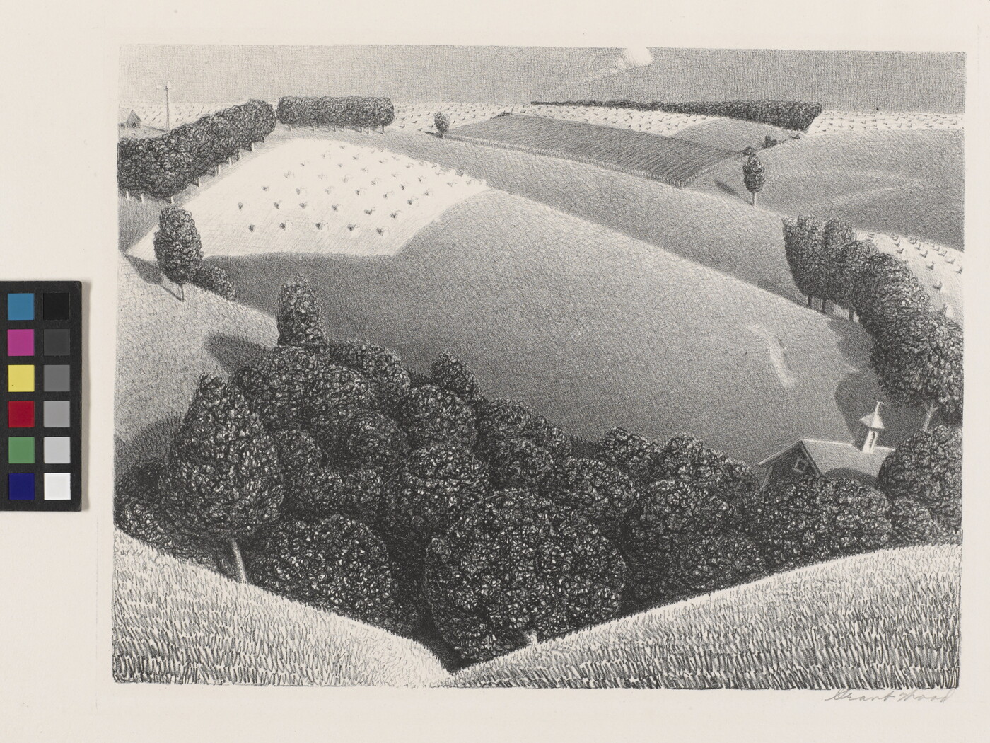 A black-and-white print of rolling farm fields with budding crops, stylized trees, and a building tucked behind the hills in the foreground.