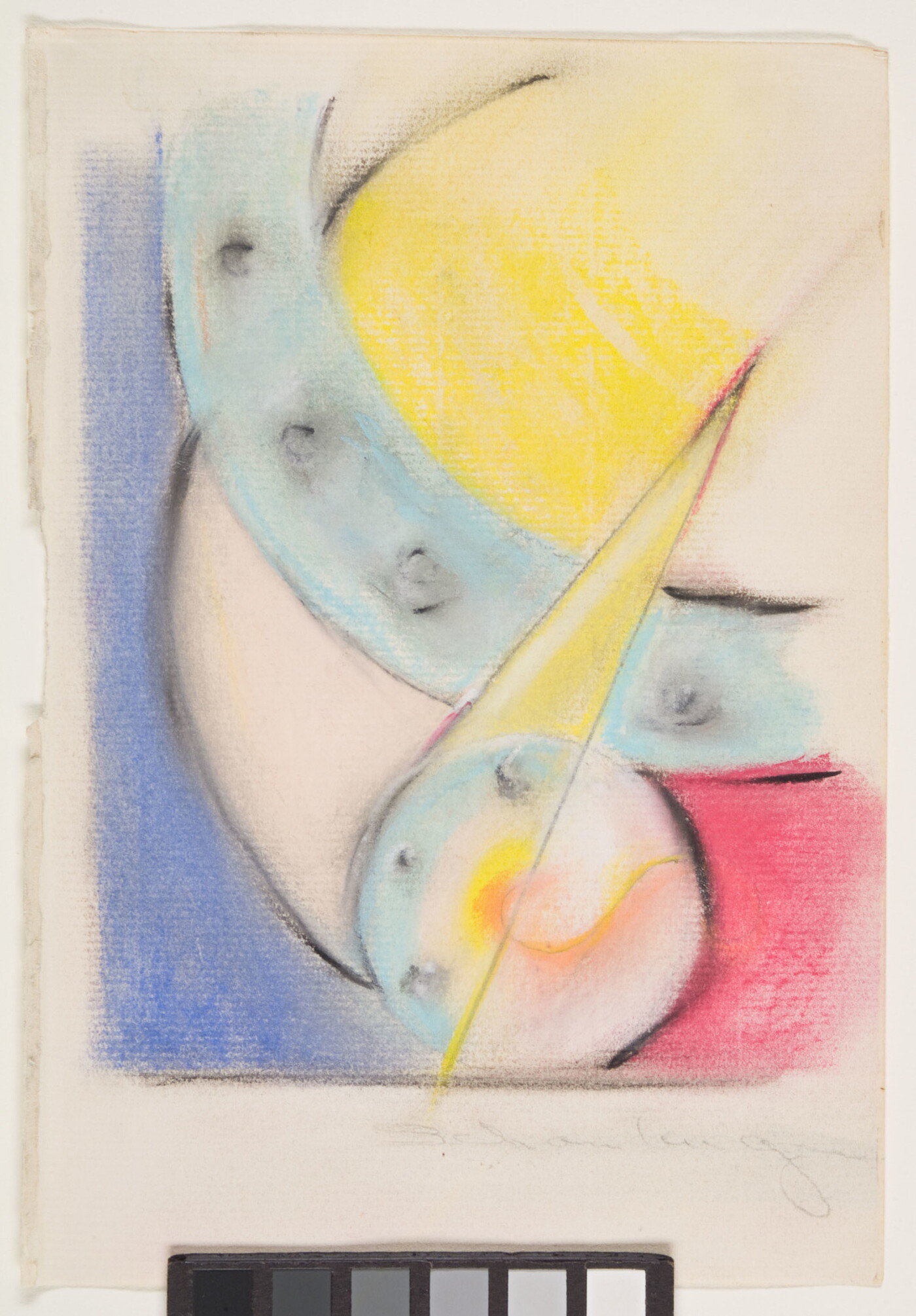 An abstract drawing in blue, light blue, red, and yellow with sketched curves, triangles, and circles.