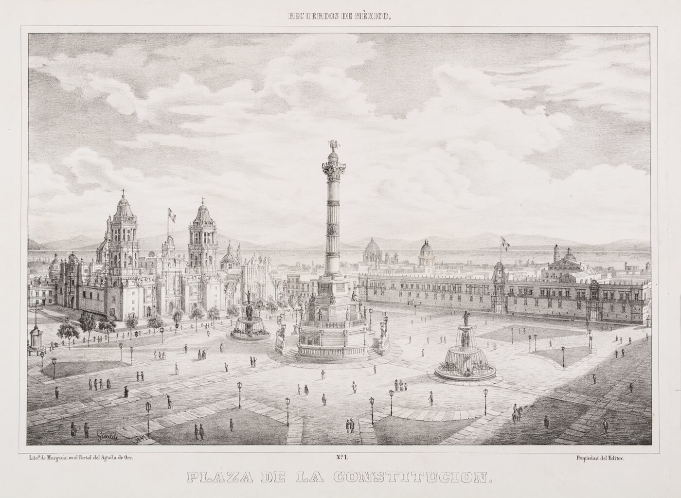 A black-and-white print of a plaza with a large column surrounded by several fountains, a cathedral, and other buildings, and pedestrians milling about.