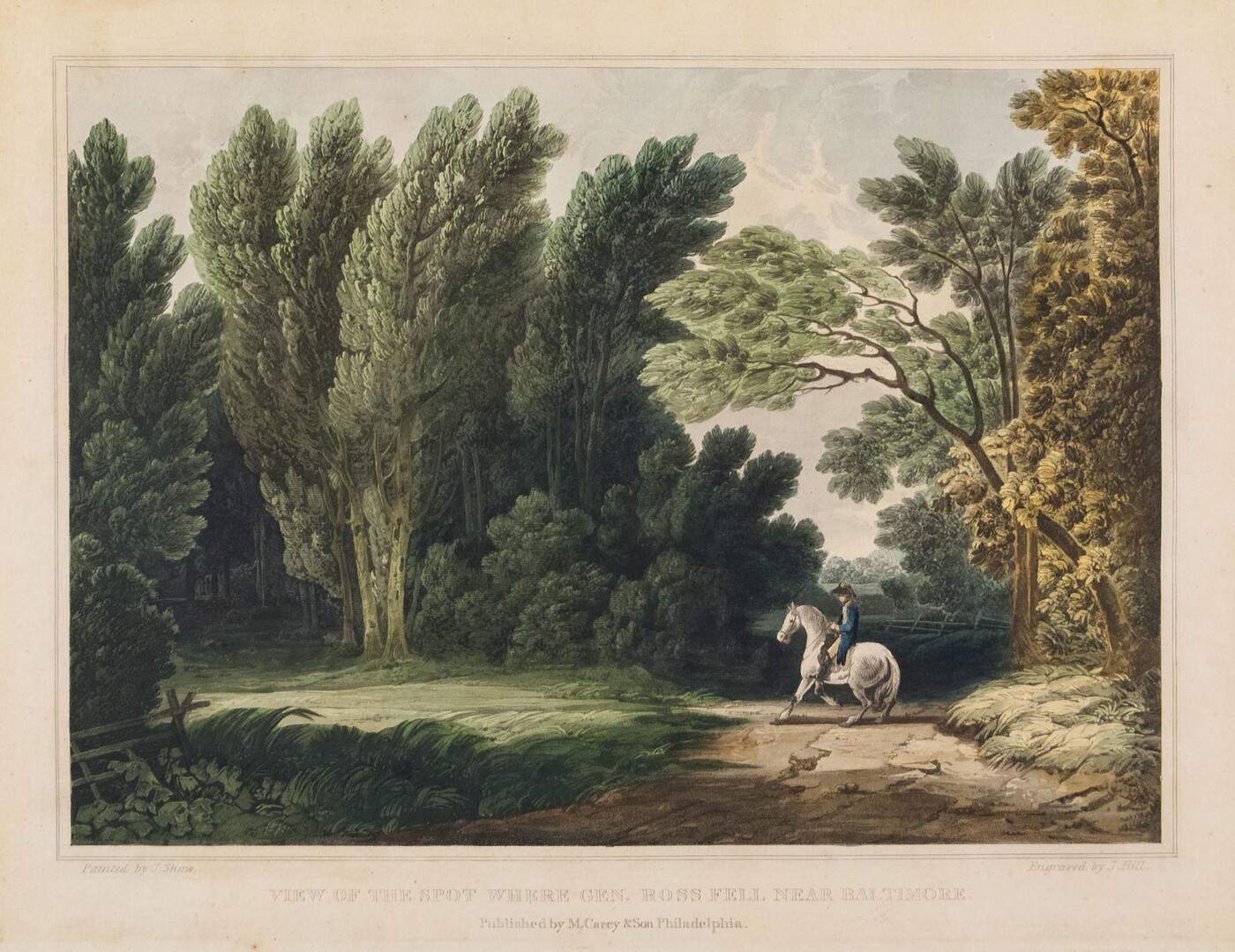 A color print of man on a white horse on a dirt road surrounded by tall green trees.
