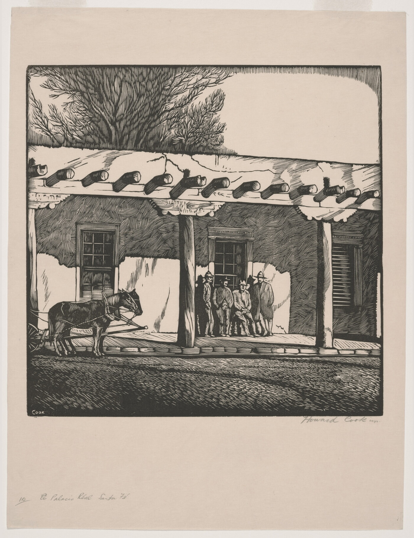A sepia-toned print of four people standing on the porch of an adobe building, horses pulling a carriage just coming into view.