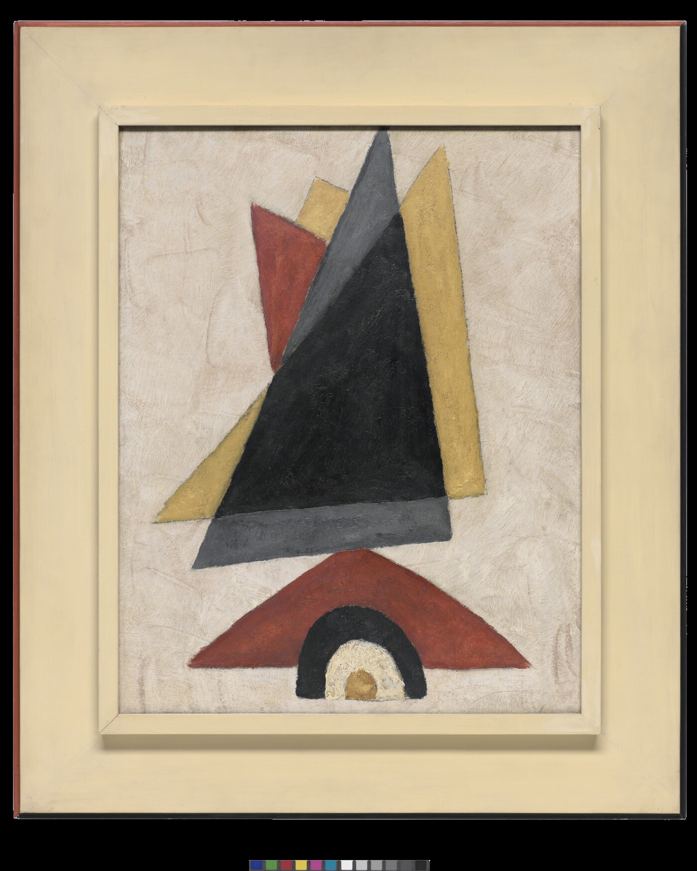 A painting of three layered triangles in blue, red, and yellow above a smaller red triangle that together suggest a sailboat.