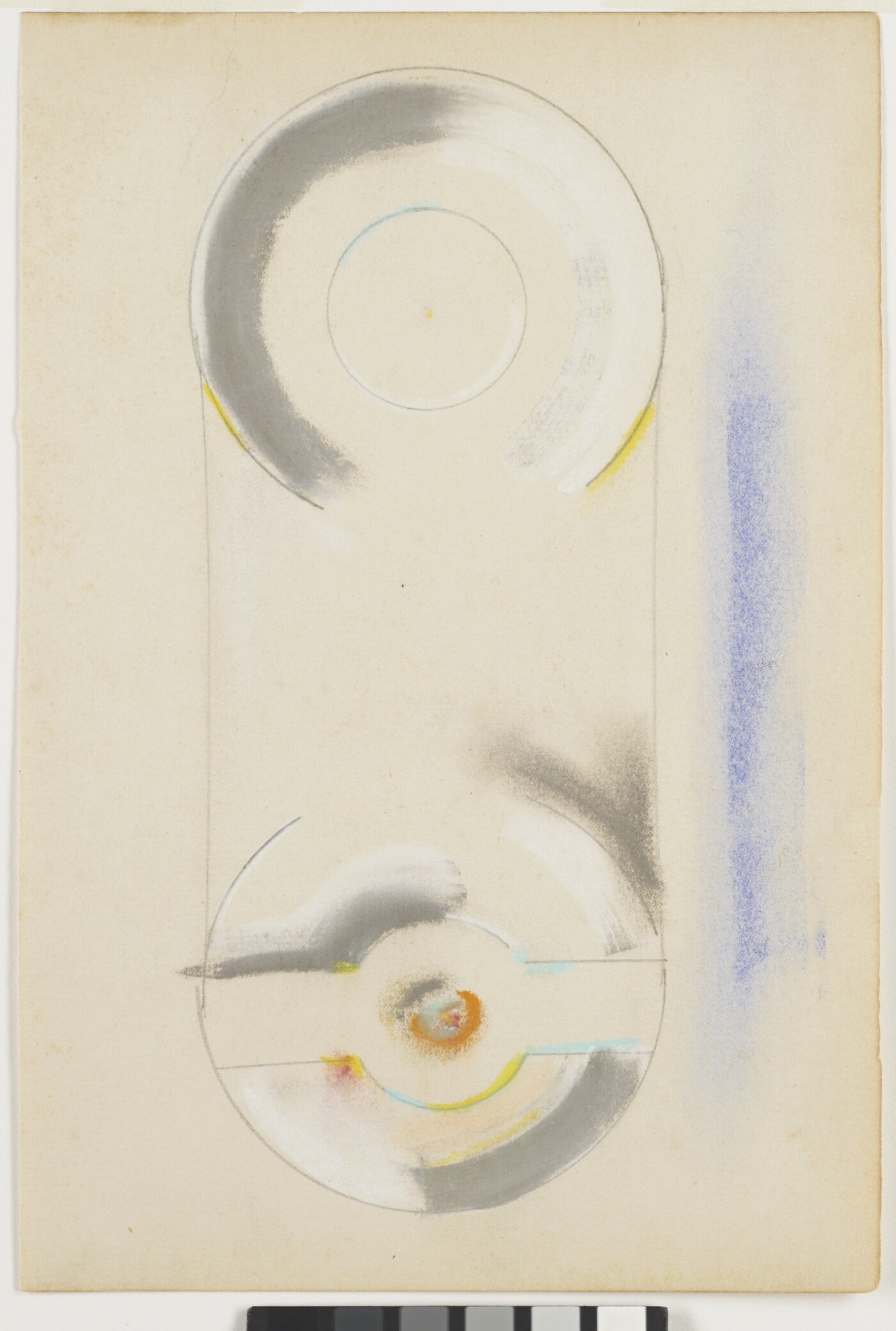An abstract drawing of two vertically oriented gray and white plate-like shapes with yellow accents and a swath of blue to the right.