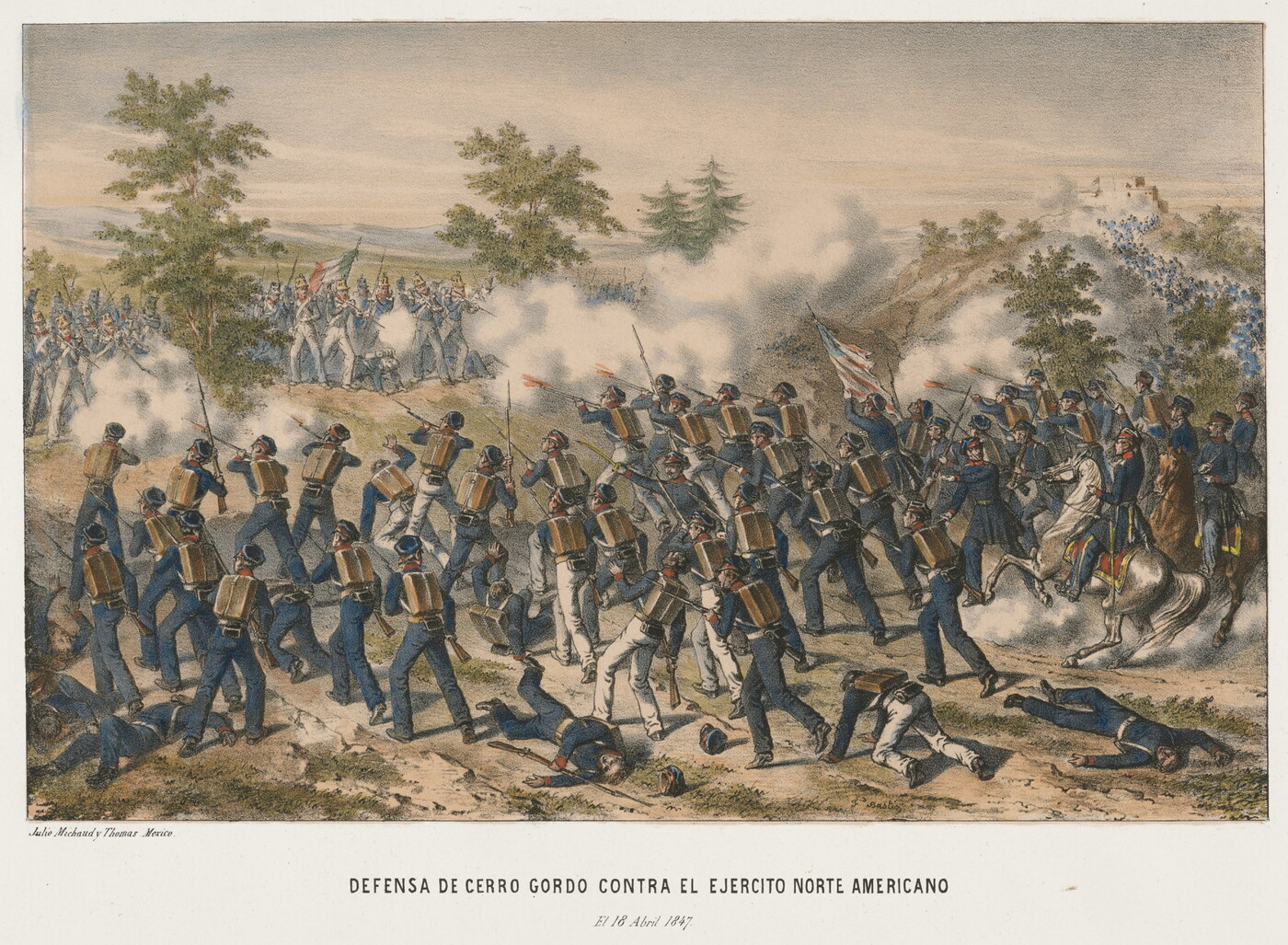 A color print of two armies of foot soldiers, one in blue uniforms and the other in white, shooting at each other in an open field.