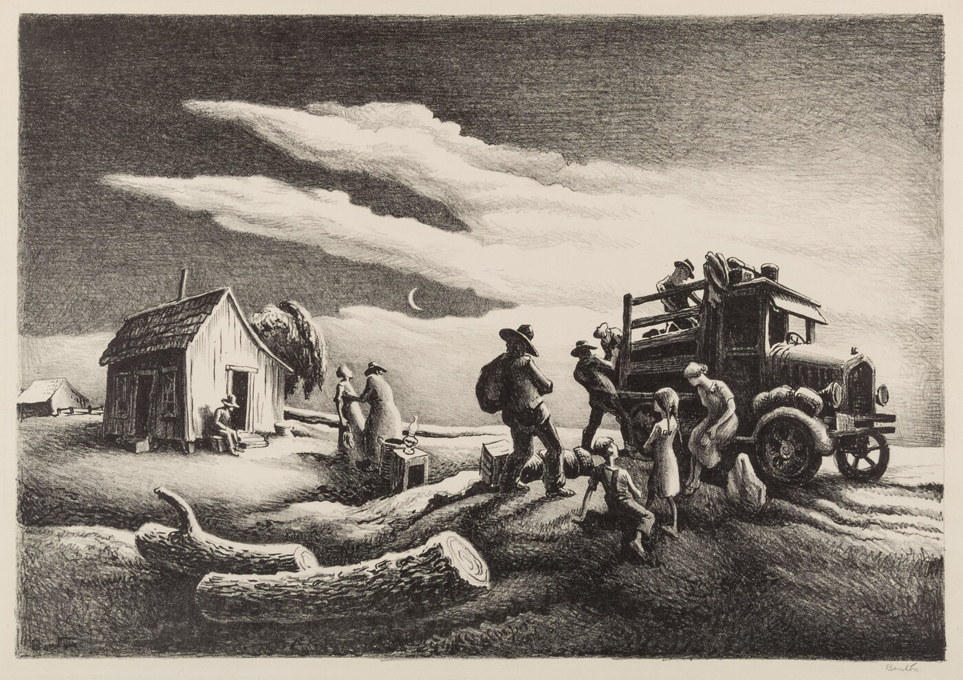 A stylized black-and-white print of a family loading its belongings onto a truck.
