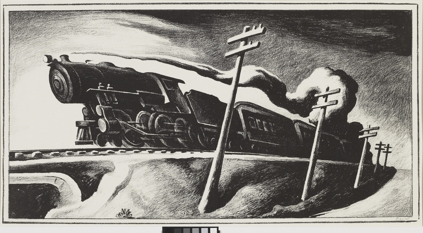 A black-and-white print of a train speeding down the tracks past electrical poles.