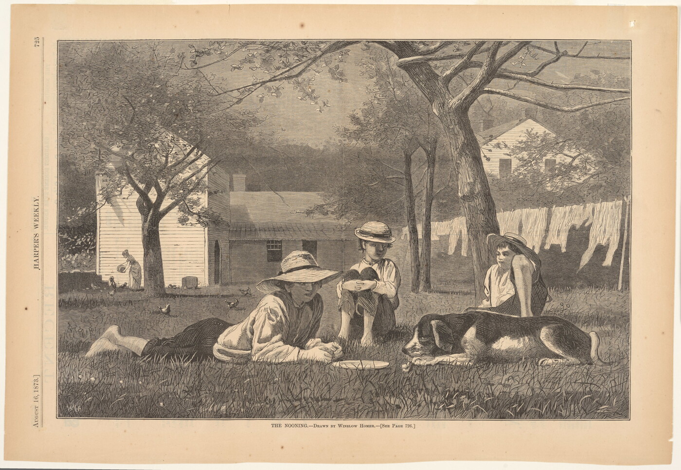 A black-and-white print of three children and a dog lounging outside on a summer day.