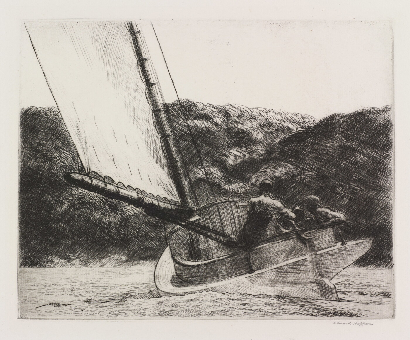 A black-and-white print of people on a sailboat in choppy waters near a rocky outcropping.