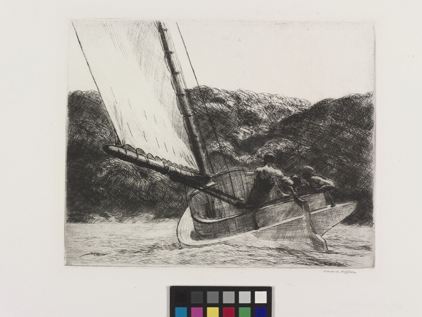 A black-and-white print of people on a sailboat in choppy waters near a rocky outcropping.