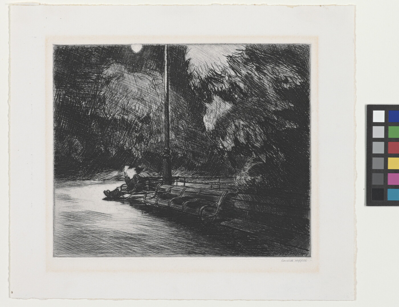 A black-and-white print of a person reading on a park bench under a street light at night.