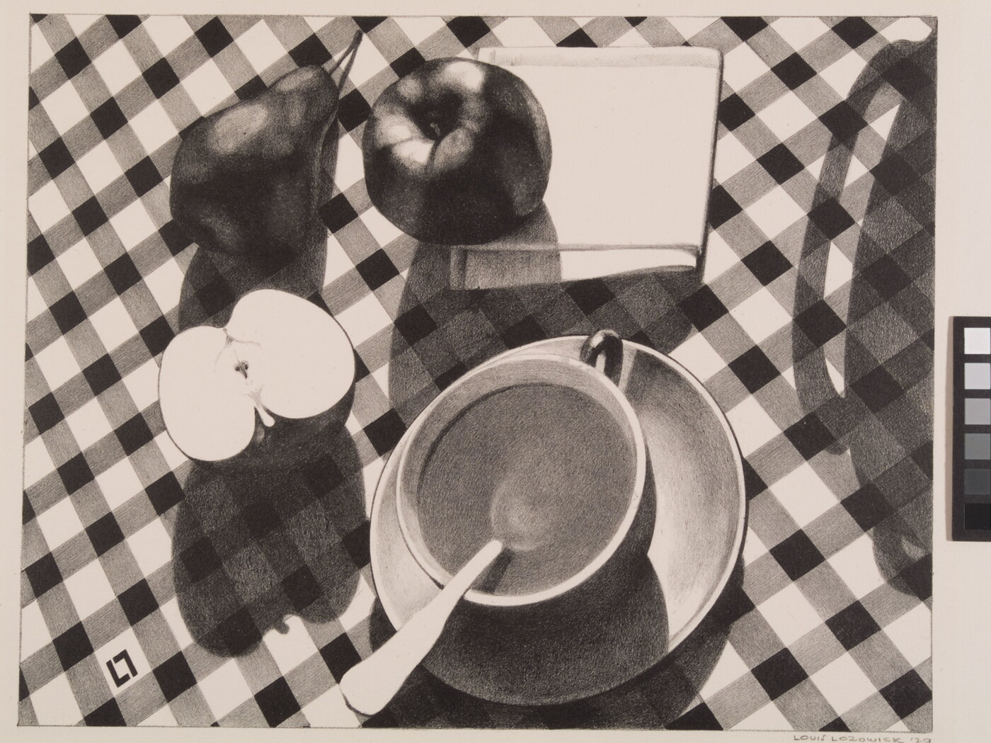 A black-and-white print of a cup of coffee, a pear, an apple, a napkin, and half of an apple on a checkered tablecloth.