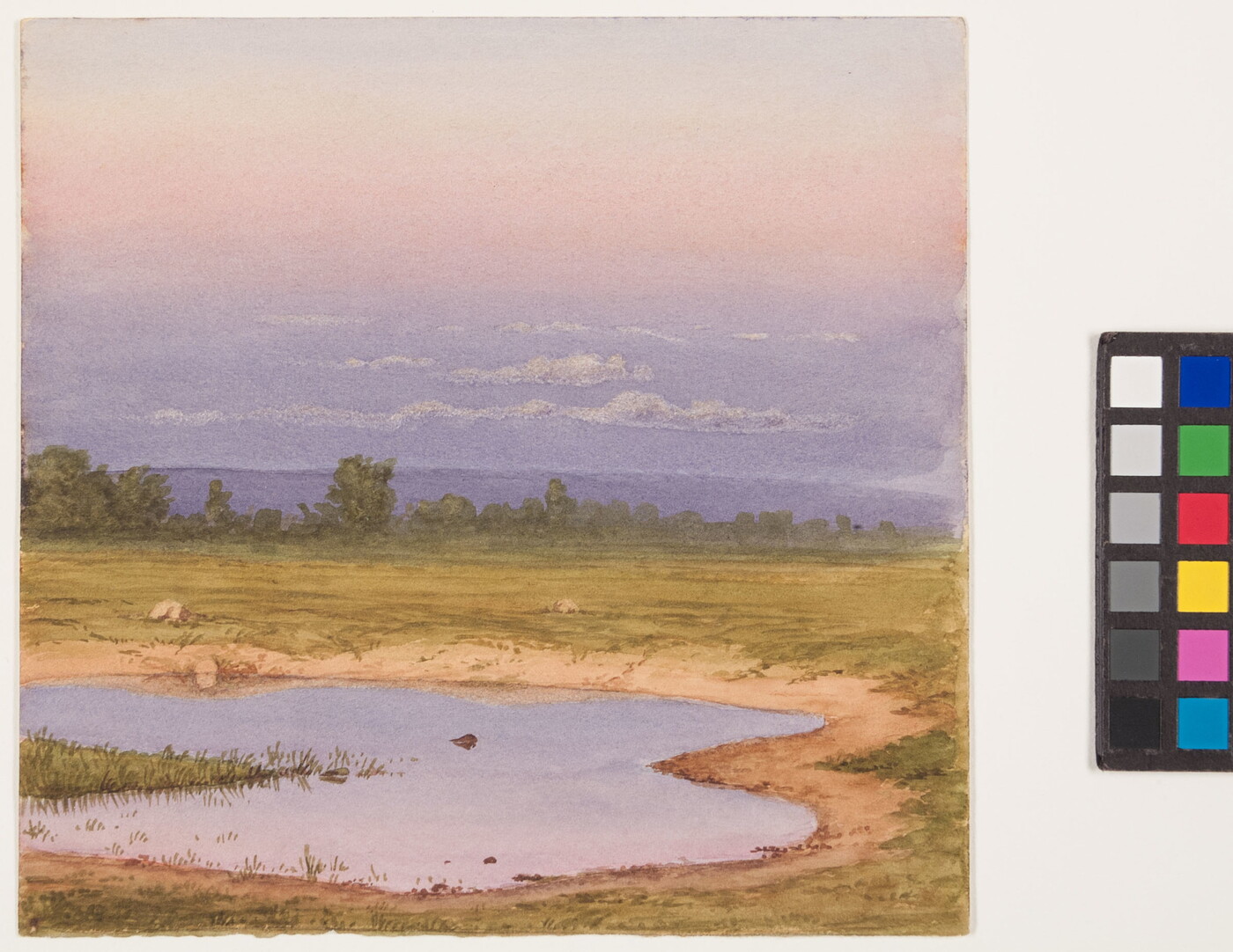 A watercolor of a field and pond under a purple and pink sky.