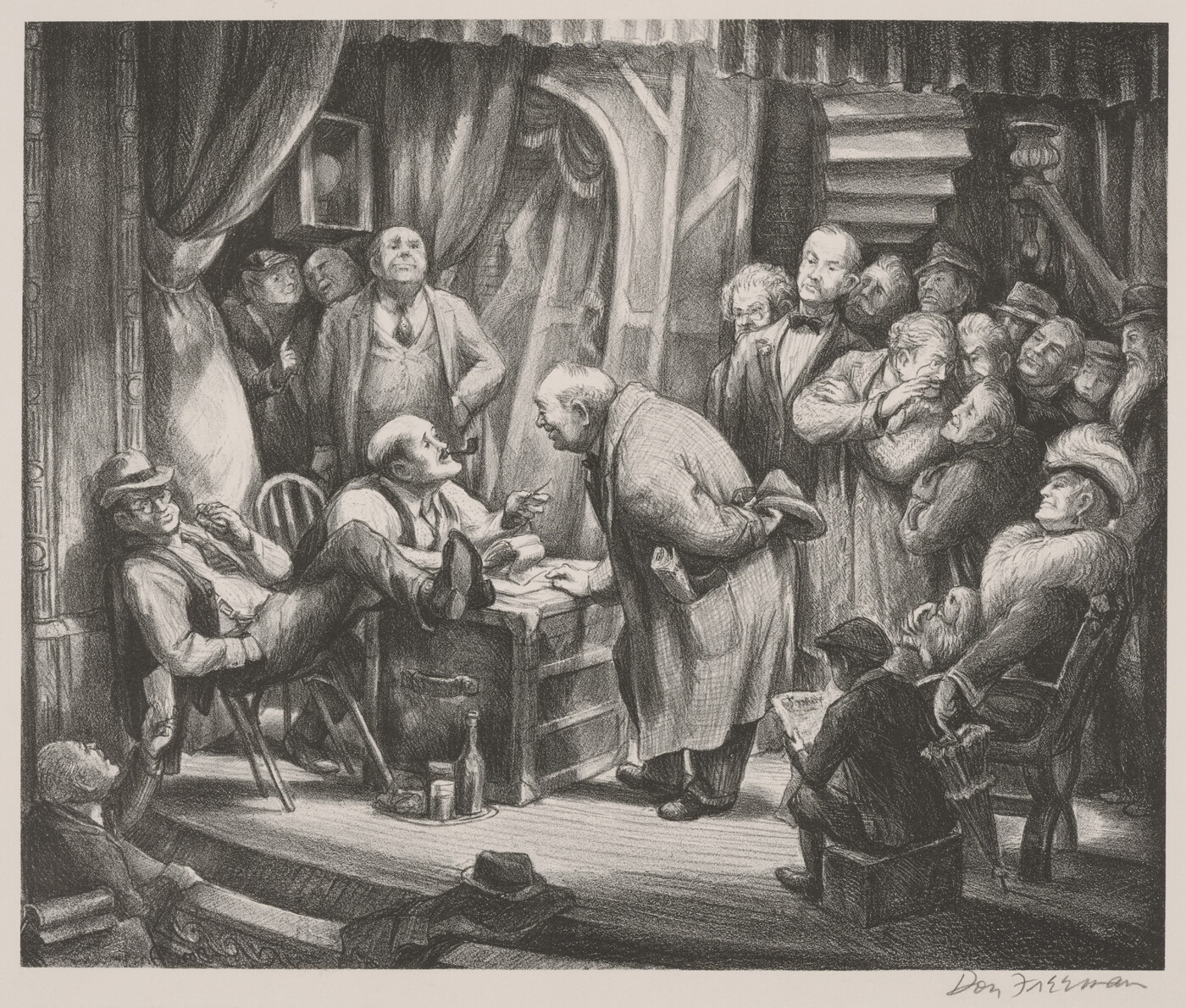 A black-and-white print of a group of White men on a stage gathered around a man speaking to another who is seated behind a desk.