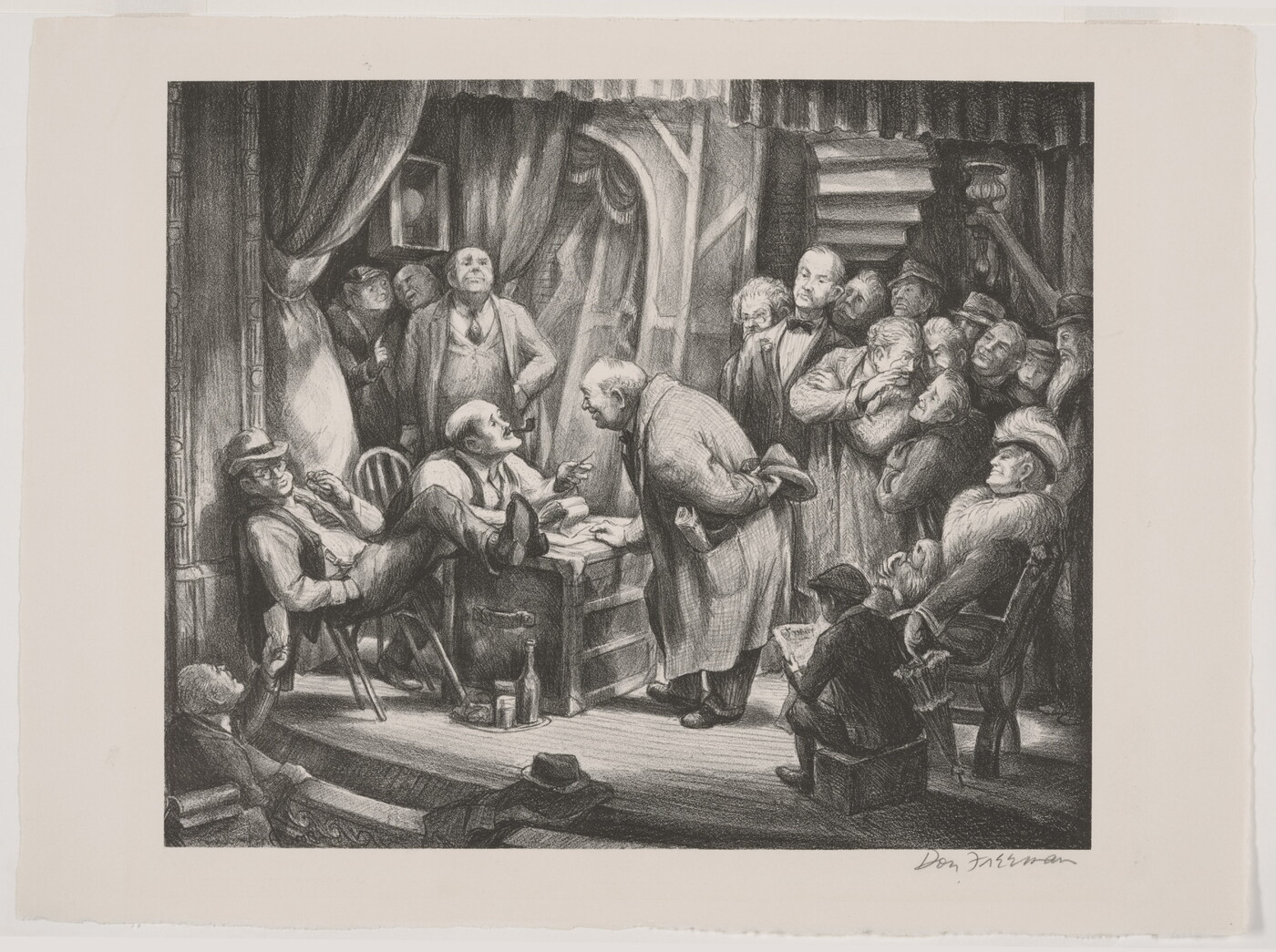 A black-and-white print of a group of White men on a stage gathered around a man speaking to another who is seated behind a desk.